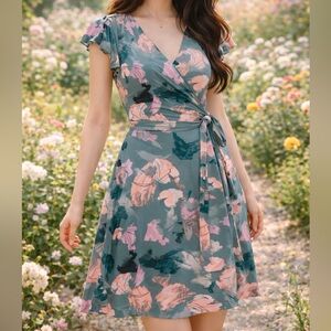 Nine & Co. Floral Mini Wrap Dress - Blue and Pink